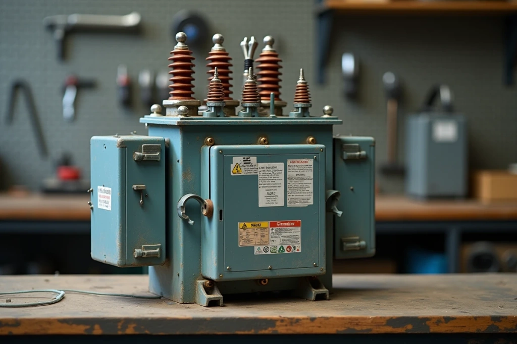 Gros plan sur les bornes et câblages d'un transformateur triphasé monophasé d'atelier