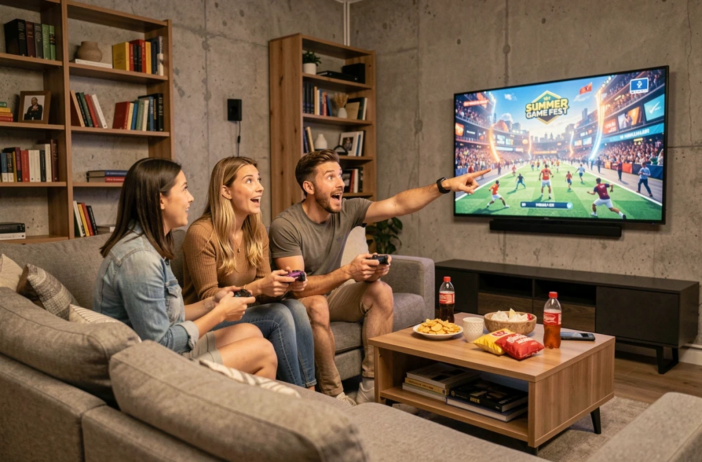 Groupe d'amis réunis pour suivre les annonces du Summer Game Fest 2026 en direct sur télévision