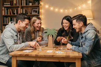 Groupe de jeunes adultes jouant à la règle palmier et d'autres jeux à boire autour d'une table en bois dans un salon chaleureux