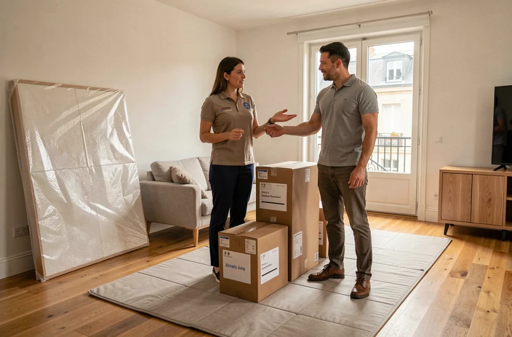 Coordinatrice Hexvia Déménagements dirigeant le placement de cartons et meubles dans un salon moderne pendant un déménagement