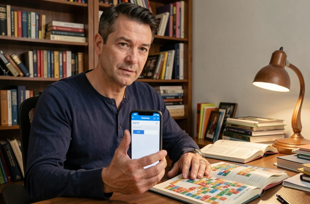 Homme utilisant une application mobile pour valider le mot MOTE au Scrabble