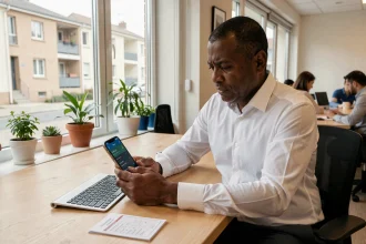 Un homme consulte les horaires de prière sur son téléphone dans un bureau moderne à Les Mureaux