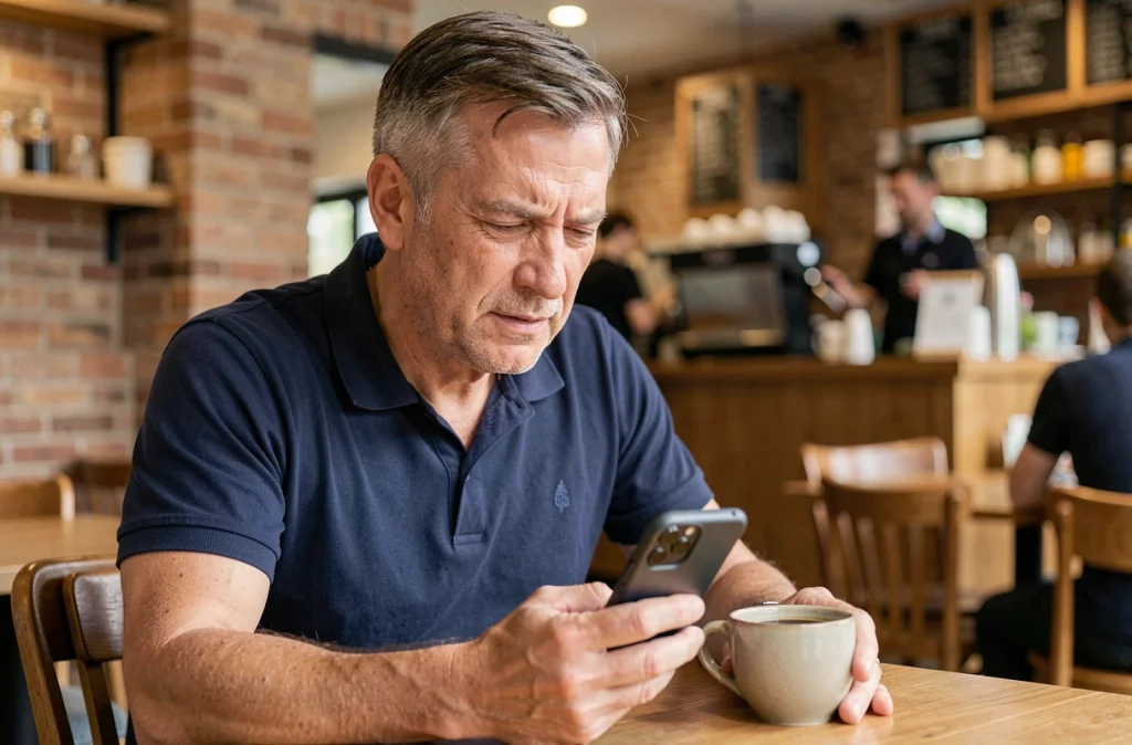 Homme d'âge moyen consultant son smartphone dans un café pour trouver le mot de passe du jour Codycross