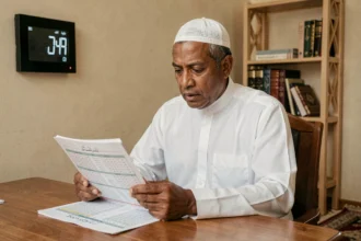 Homme consultant un horaire de prière imprimé à son bureau à Hautepierre, Strasbourg