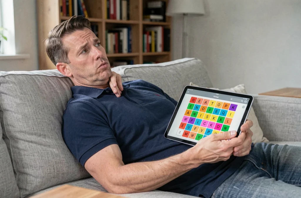 Homme d'une quarantaine d'années réfléchissant à la solution d'un jeu 4 Images un Mot sur une tablette dans son salon