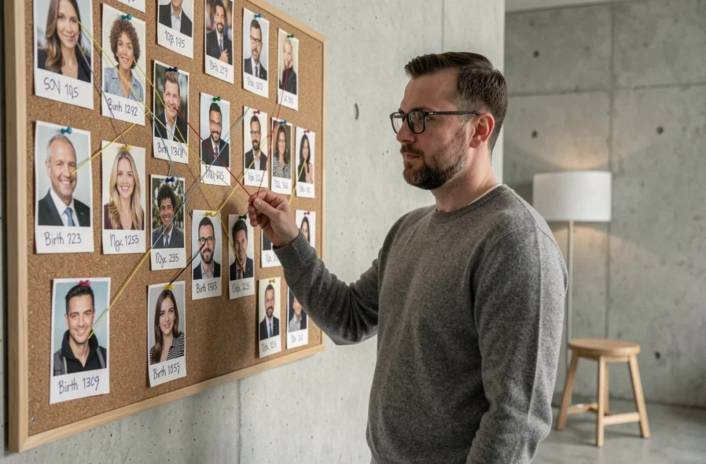 Homme analysant un tableau de correspondances entre célébrités et signes du zodiaque accroché au mur