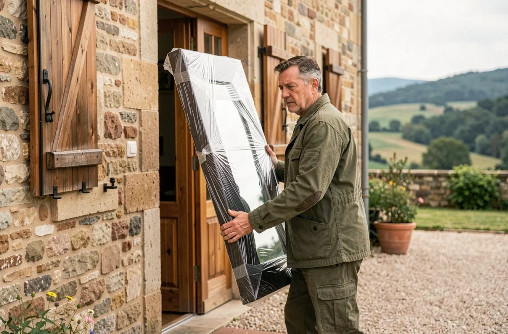 Déménageur Hubert Fraisseix transportant un miroir emballé à travers la porte d'une ferme en pierre en Haute-Vienne