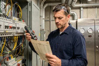 Ingénieur électricien consultant une table de conversion mégawatt en kilowatt devant un tableau électrique industriel