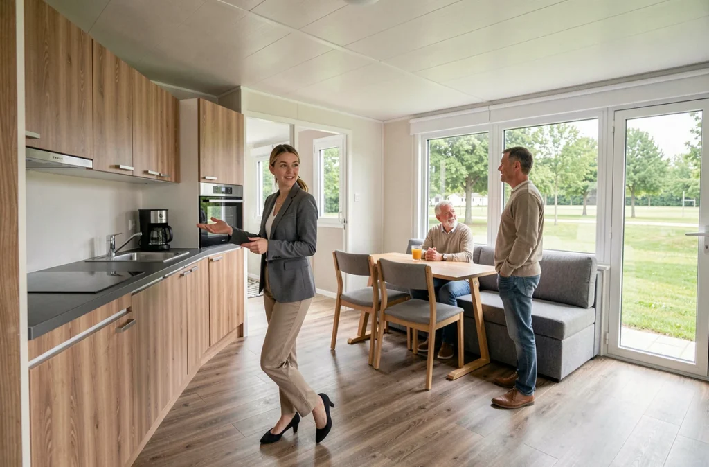 Intérieur d'un mobil-home neuf présenté par une vendeuse dans un showroom de constructeur français