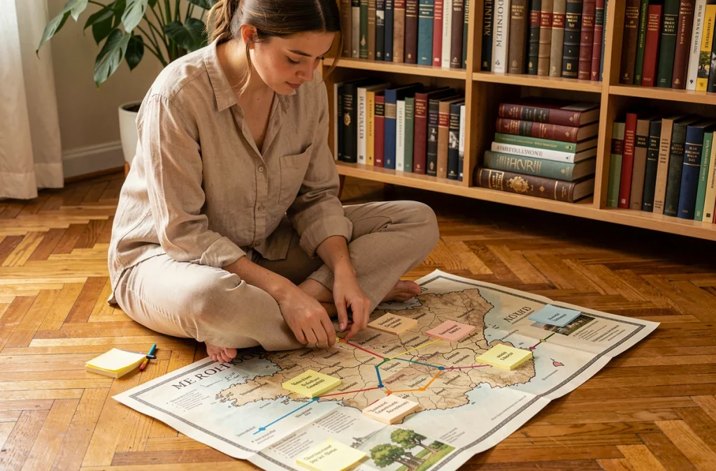 Jeune femme étudiant une grande infographie dépliée des dynasties royales françaises annotée de post-it sur un parquet en bois
