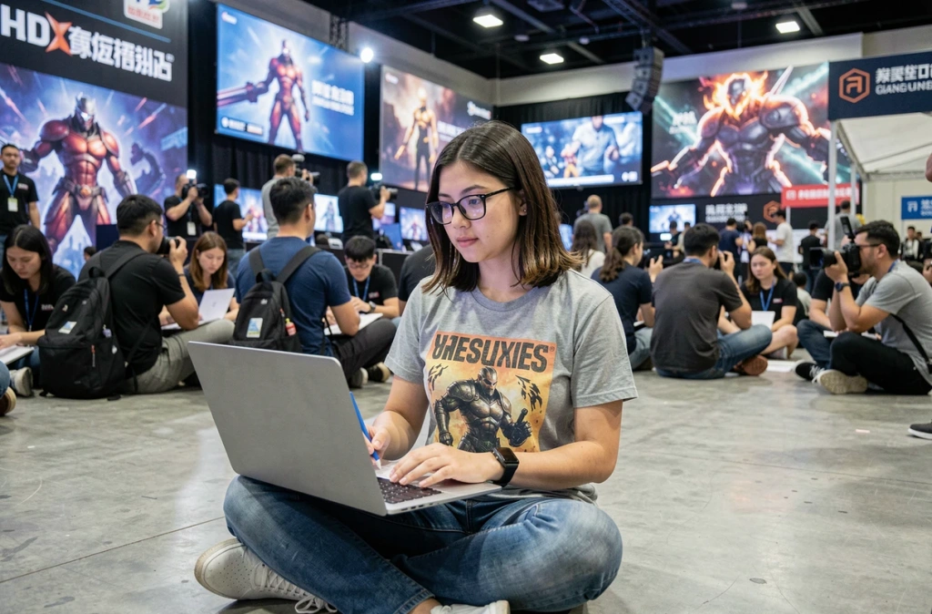 Journaliste ou joueuse prenant des notes lors de la conférence Summer Game Fest 2026 dans un hall événementiel