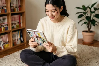 Jeune femme lisant des mangas en ligne sur une tablette dans sa chambre confortable