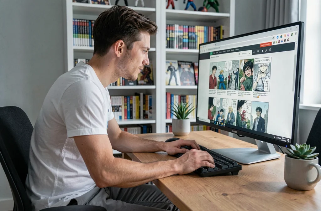 Homme consultant un site de lecture de manga en ligne sur ordinateur dans un bureau à domicile