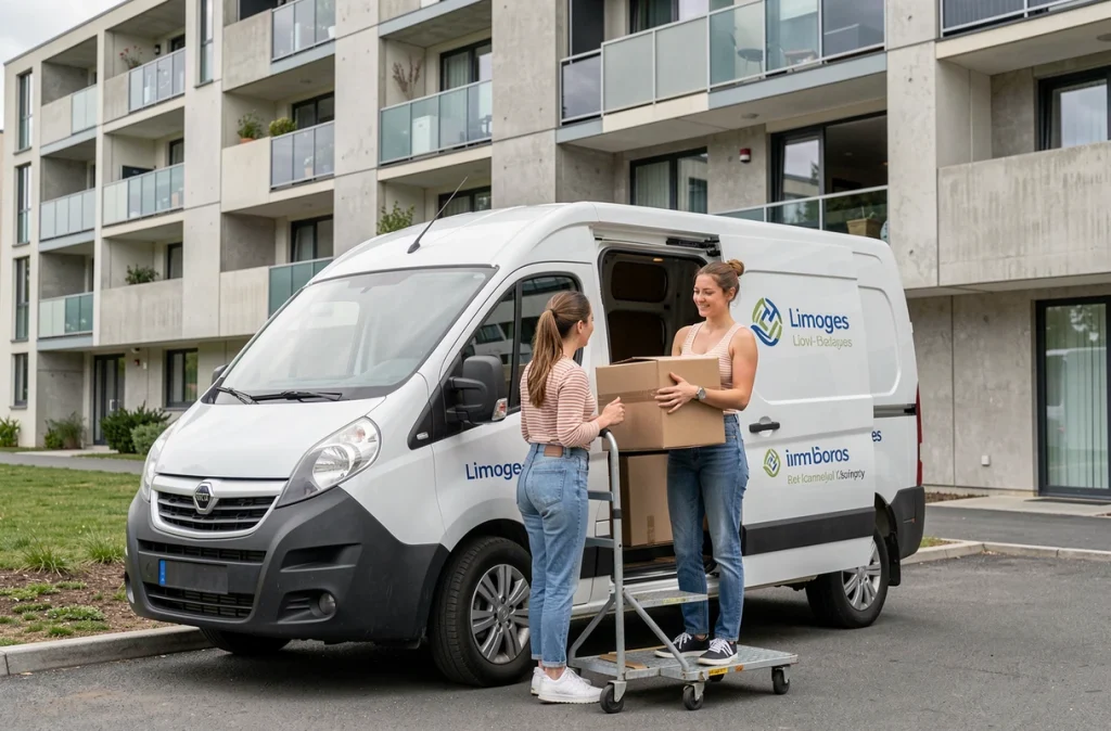 Jeune femme louant un véhicule Locadem et chargeant des cartons devant un immeuble moderne à Limoges