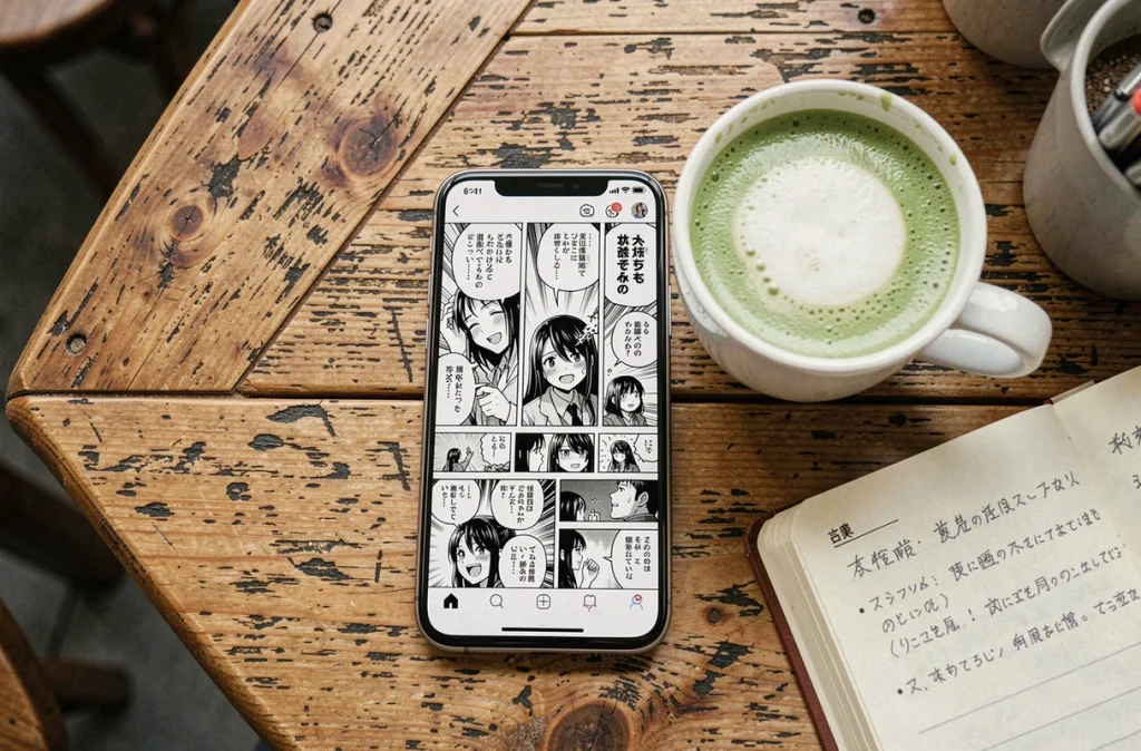 Smartphone affichant un chapitre de manga en ligne posé sur une table de café avec un matcha latte