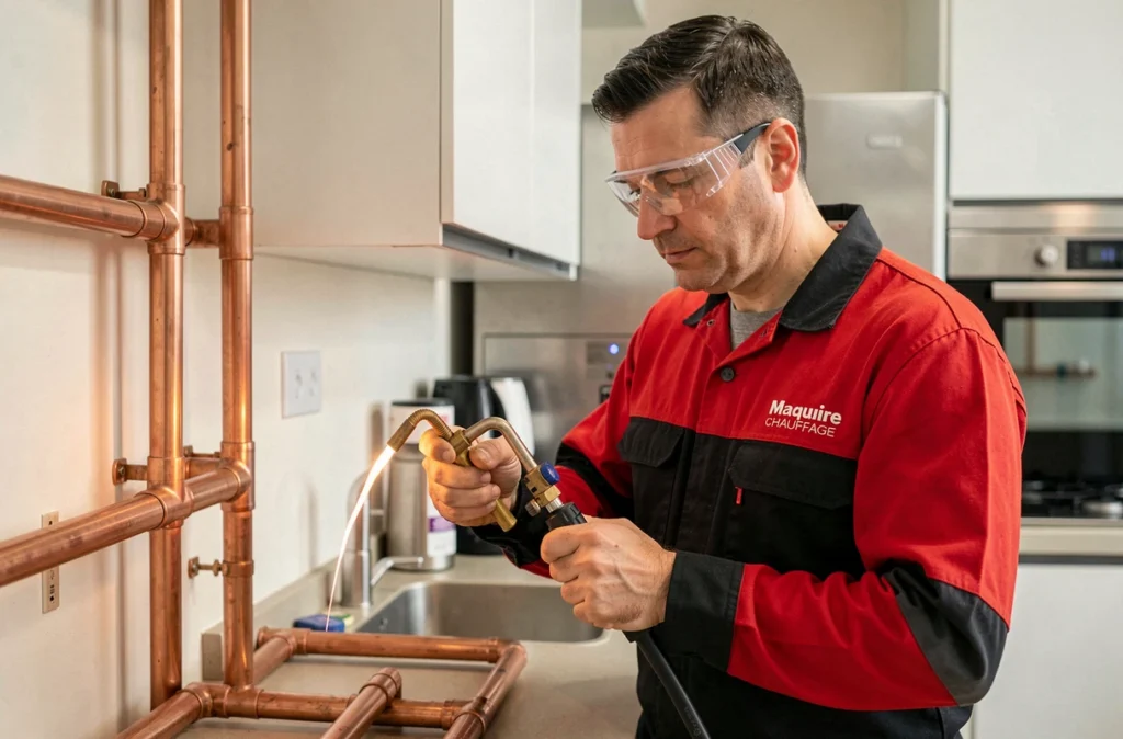 Technicien de Maquaire Chauffage soudo-brasant des raccords en cuivre dans une cuisine