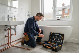 Plombier professionnel en uniforme de travail réparant une installation de plomberie dans un appartement de Dunkerque