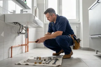 Plombier professionnel travaillant sur des canalisations dans une salle de bain moderne en Moselle