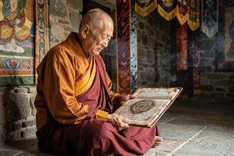 Moine tibétain âgé méditant avec un manuscrit ancien dans un monastère, illustrant la tradition de Shamballa