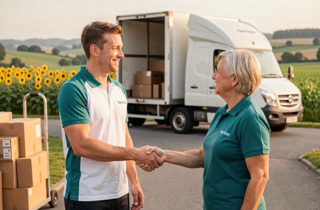 Déménageur Moves Déménagements serrant la main d'une cliente satisfaite devant un camion dans une rue résidentielle de Haute-Vienne