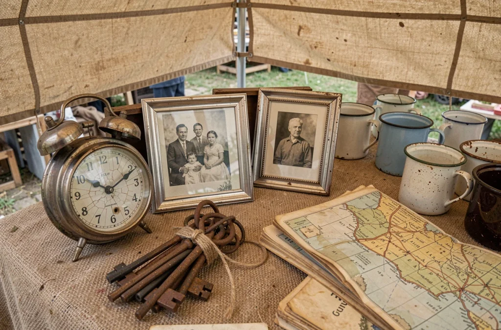 Gros plan sur des objets anciens exposés sur une table de brocante en Meurthe-et-Moselle, avec cadres argentés, clés rouillées et cartes régionales