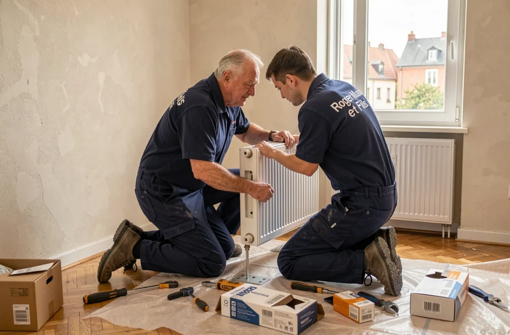 Père et fils de Roger Maire et Fils installant un radiateur dans un salon rénové en Moselle