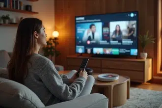 Jeune femme naviguant sur une plateforme de streaming légale depuis son salon confortable