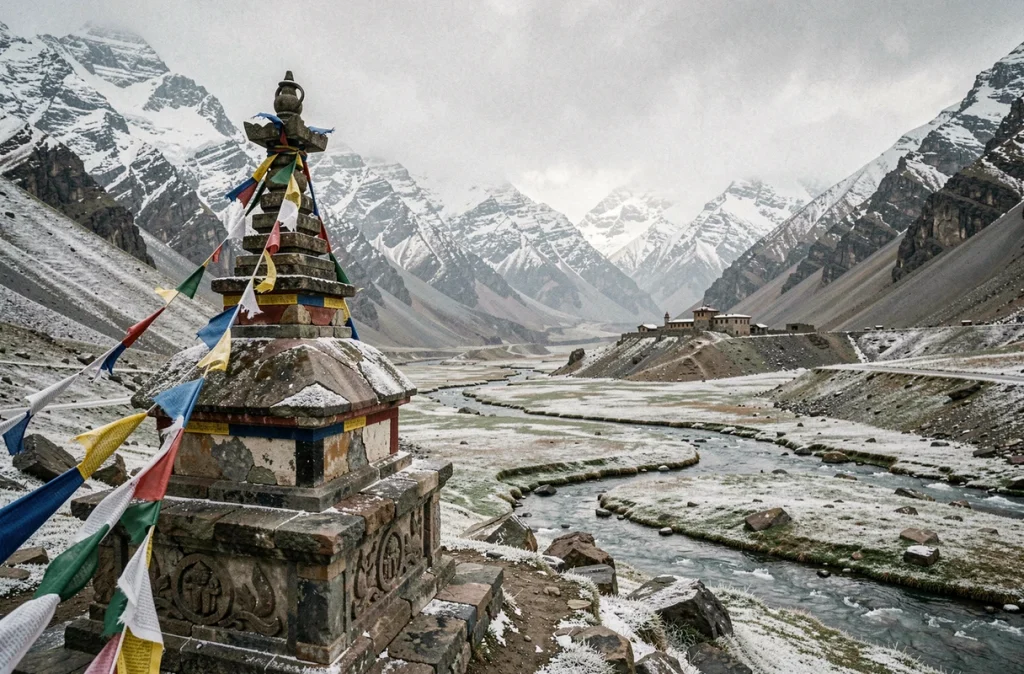 Stupa et drapeaux de prières dans une vallée himalayenne isolée, paysage symbolique de la quête de Shamballa