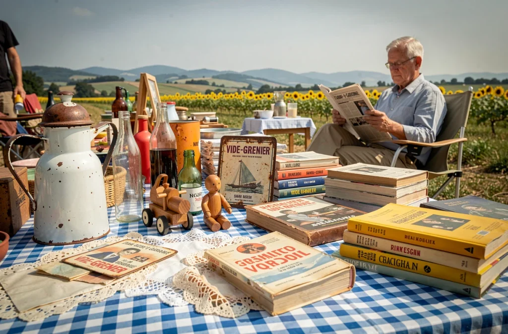Table de vide grenier en campagne du Tarn-et-Garonne couverte d'objets anciens et de brocante variée avec un vendeur assis