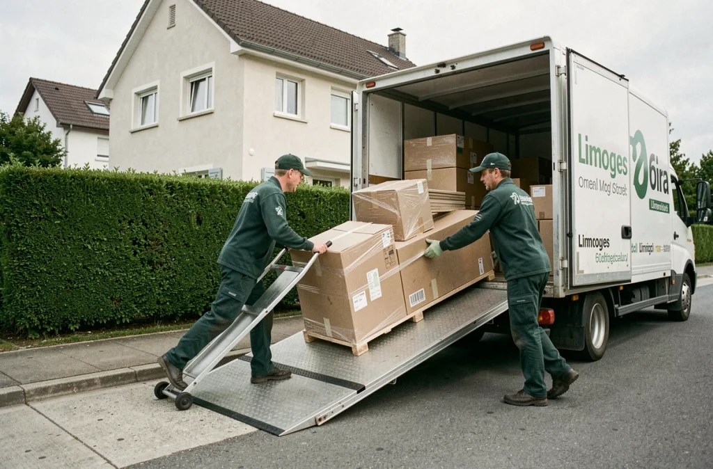 Équipe Taurisson Jeammet réseau Demeco chargeant des meubles et cartons dans un camion devant une maison pavillonnaire de Limoges