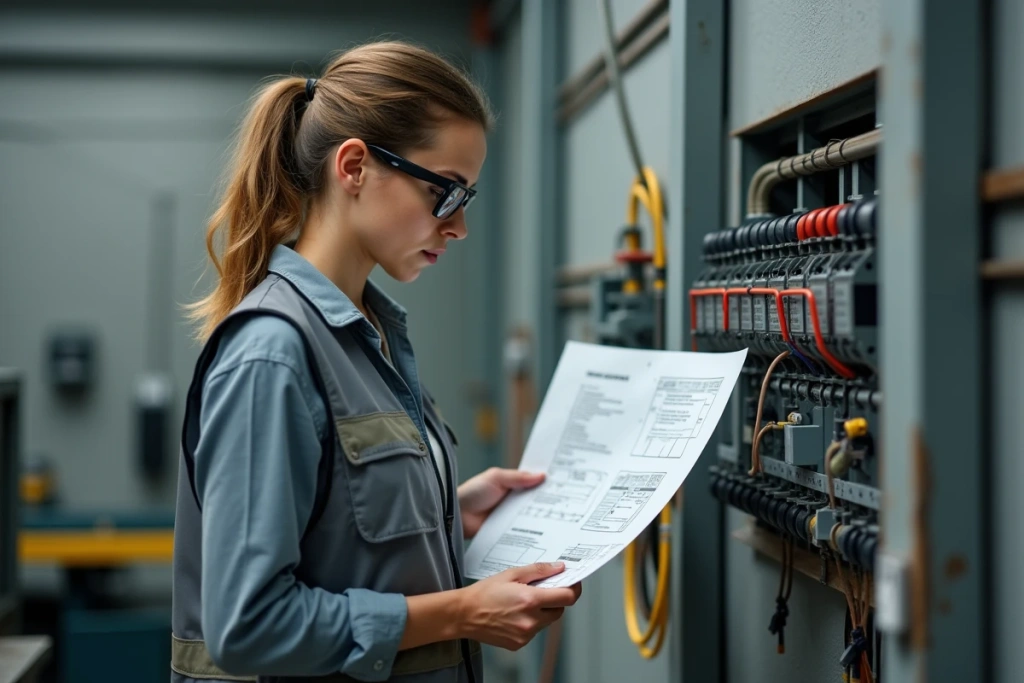 Technicienne consultant un schéma de câblage pour l'installation d'un transformateur monophasé en atelier