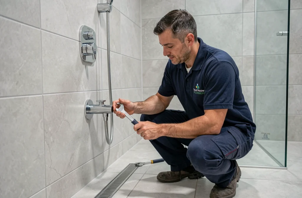 Plombier Touri Hocine installant un système de douche thermostatique dans une salle de bain contemporaine