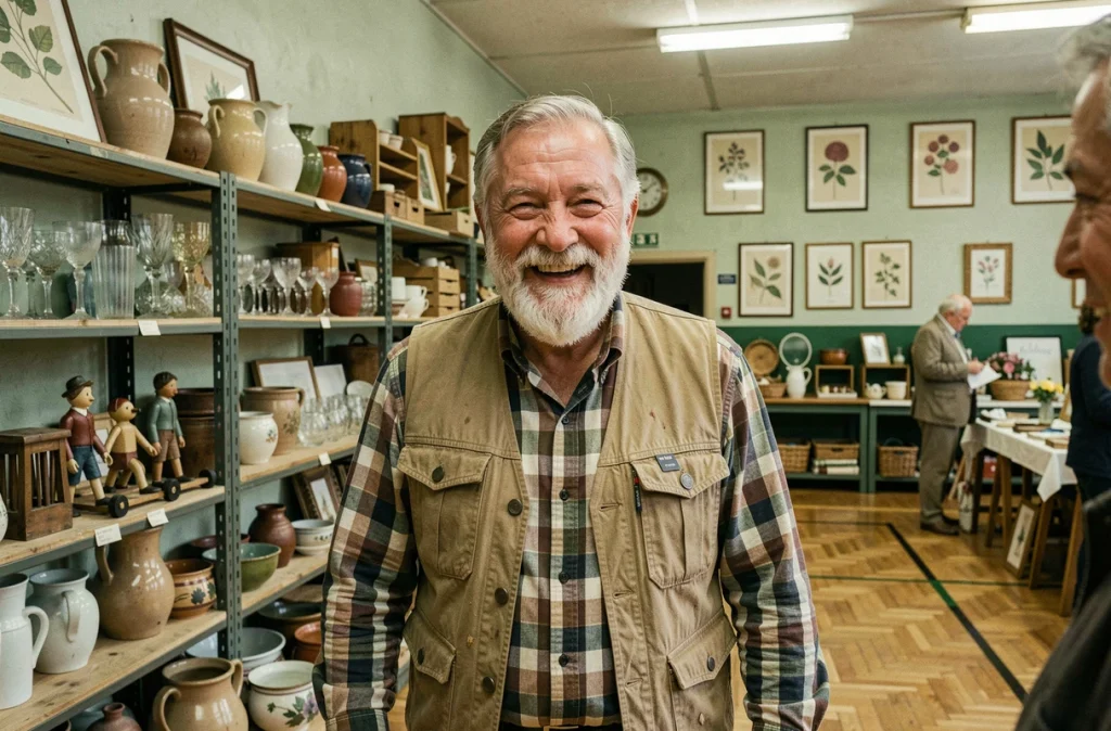 Vendeur souriant à sa table lors d'une brocante intérieure dans un gymnase de village en Meurthe-et-Moselle, entouré de vaisselle et objets anciens