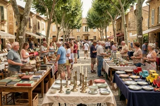 Vide grenier animé sur une place de village en Tarn-et-Garonne avec des tables couvertes d'objets vintage et de brocante