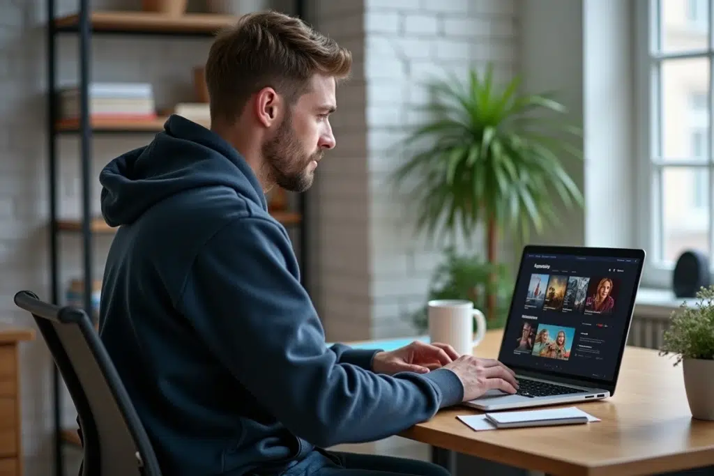 Homme utilisant un site de vidéo à la demande légal sur son ordinateur portable dans un bureau à domicile