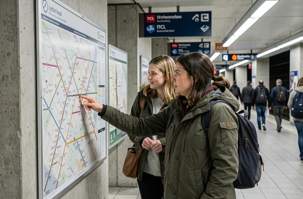 Voyageurs consultant un plan du métro de Lyon pour adapter leur itinéraire en cas d'incident